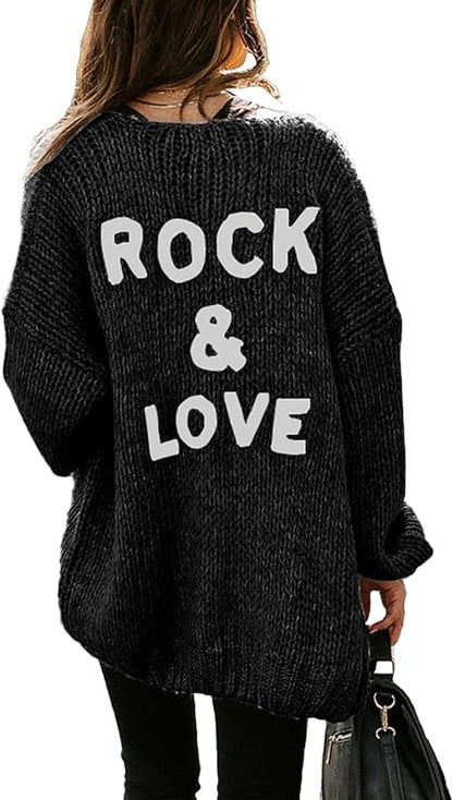 Women's "ROCK & LOVE" Long Sleeve Knit Cardigan Sweater