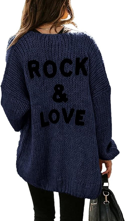 Women's "ROCK & LOVE" Long Sleeve Knit Cardigan Sweater