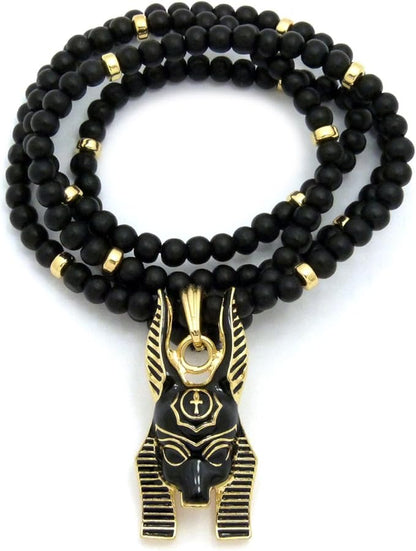 Men's Anubis Pendant & Wooden Beaded Necklace