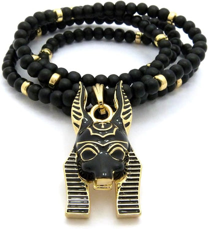 Men's Anubis Pendant & Wooden Beaded Necklace