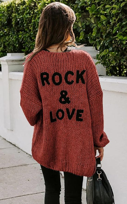 Women's "ROCK & LOVE" Long Sleeve Knit Cardigan Sweater