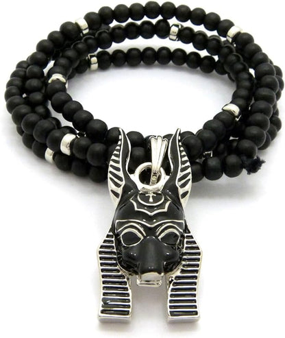 Men's Anubis Pendant & Wooden Beaded Necklace