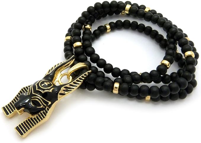 Men's Anubis Pendant & Wooden Beaded Necklace