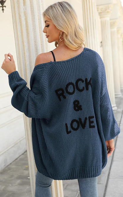 Women's "ROCK & LOVE" Long Sleeve Knit Cardigan Sweater