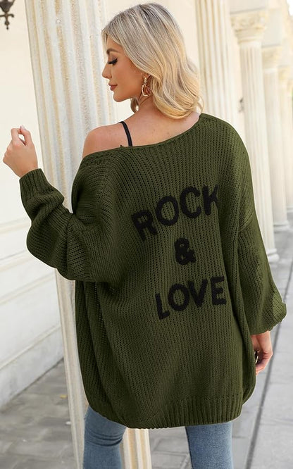 Women's "ROCK & LOVE" Long Sleeve Knit Cardigan Sweater