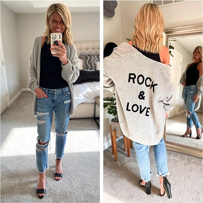 Women's "ROCK & LOVE" Long Sleeve Knit Cardigan Sweater