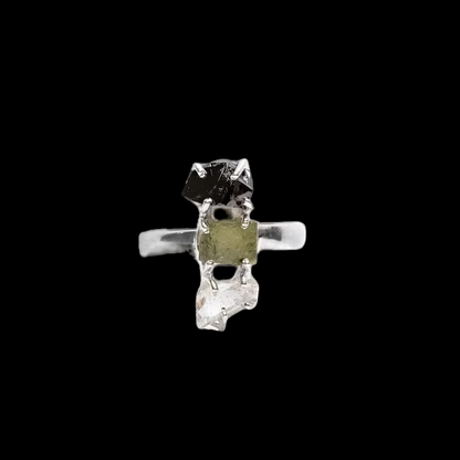 Women's Moldavite, Herkimer, Black Tourmaline 925 Sterling Silver Ring