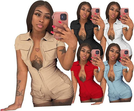 Women's Solid Colored Zip Up Romper with Cargo Pockets