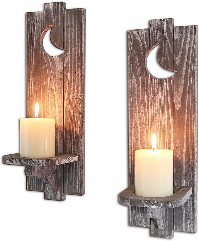 Pair Of Wooden Moon Candle Holders & Pair Of White Beaded Wooden Candle holders