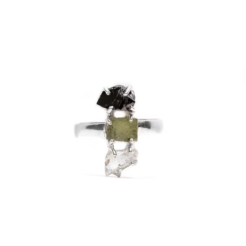 Women's Moldavite, Herkimer, Black Tourmaline 925 Sterling Silver Ring