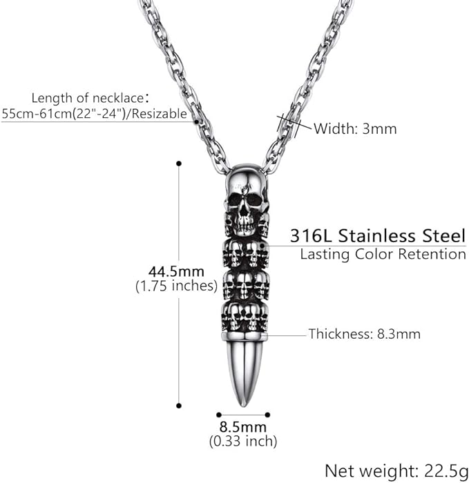 Skull Bullet Necklace/ Skull with Wings Necklace Unisex; Stainless Steel